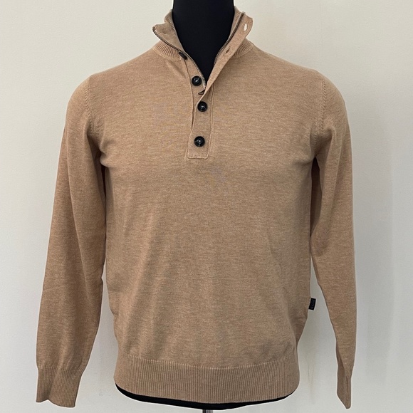 Hugo Boss Sweater Half Zip Buttons Beige Camel Pullover Sweater